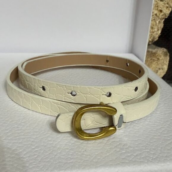 White Embossed Skinny Belt With Gold Buckle - Picture 2 of 3